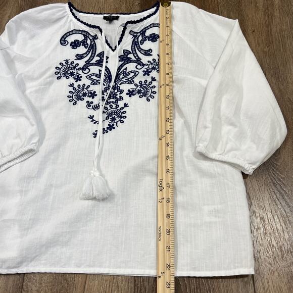 Talbots Popover Top Womens SP Linen Blend Embroidered Split Neck Tassels Boho - Picture 9 of 11